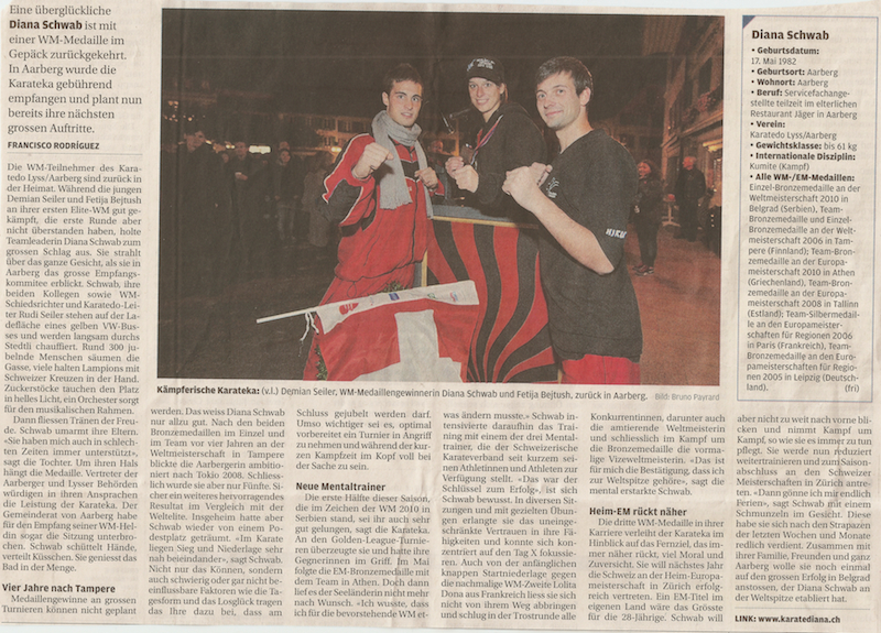 Artikel aus dem Bielertagblatt vom 02.11.2010 zum Thema Bronzemedaille von Diana Schwab an der WM 2010